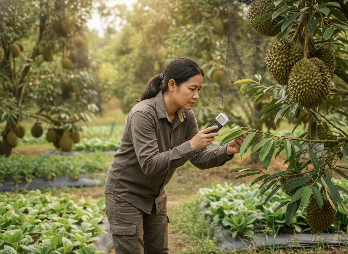 Kỹ sư nông nghiệp kiểm tra lá cây, phân tích dấu hiệu sâu bệnh