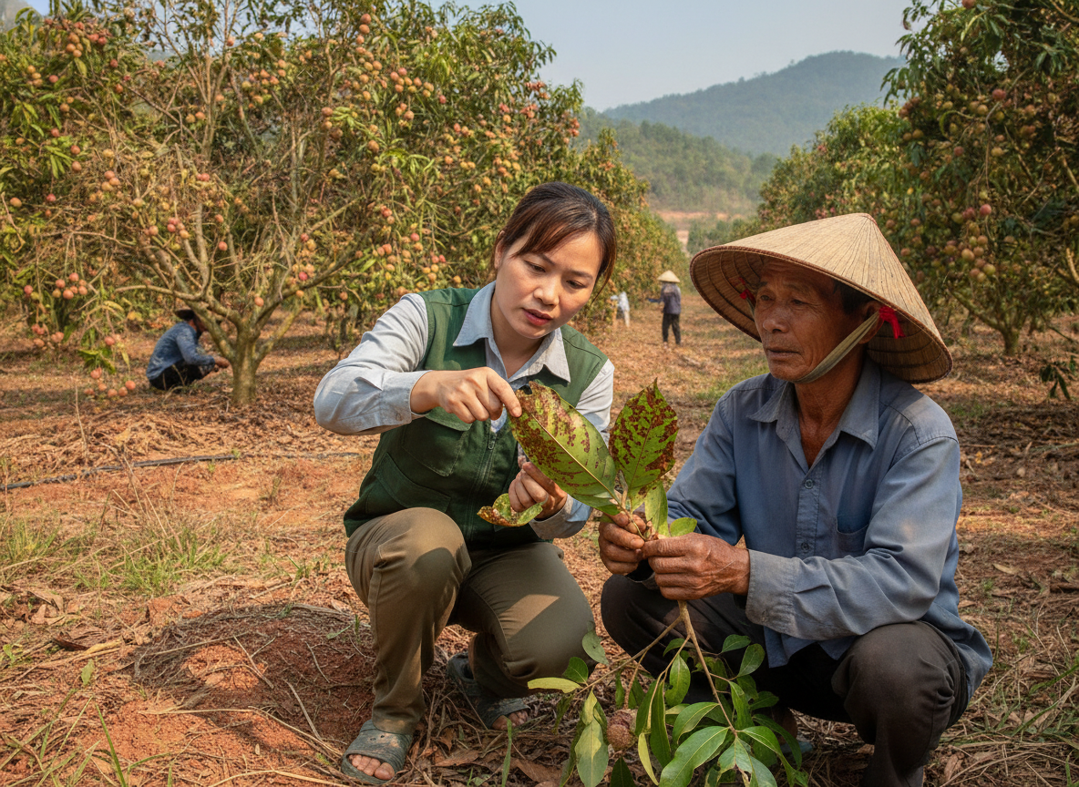 Kỹ sư nông nghiệp và người nông dân đang kiểm tra lá vải bị bệnh, phân tích tình trạng cây